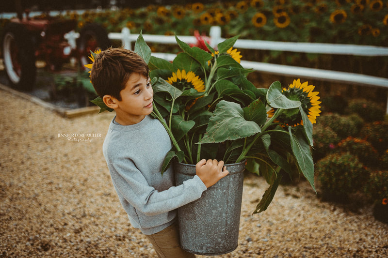 boy holding sunflowers on a long island sunflower farm 